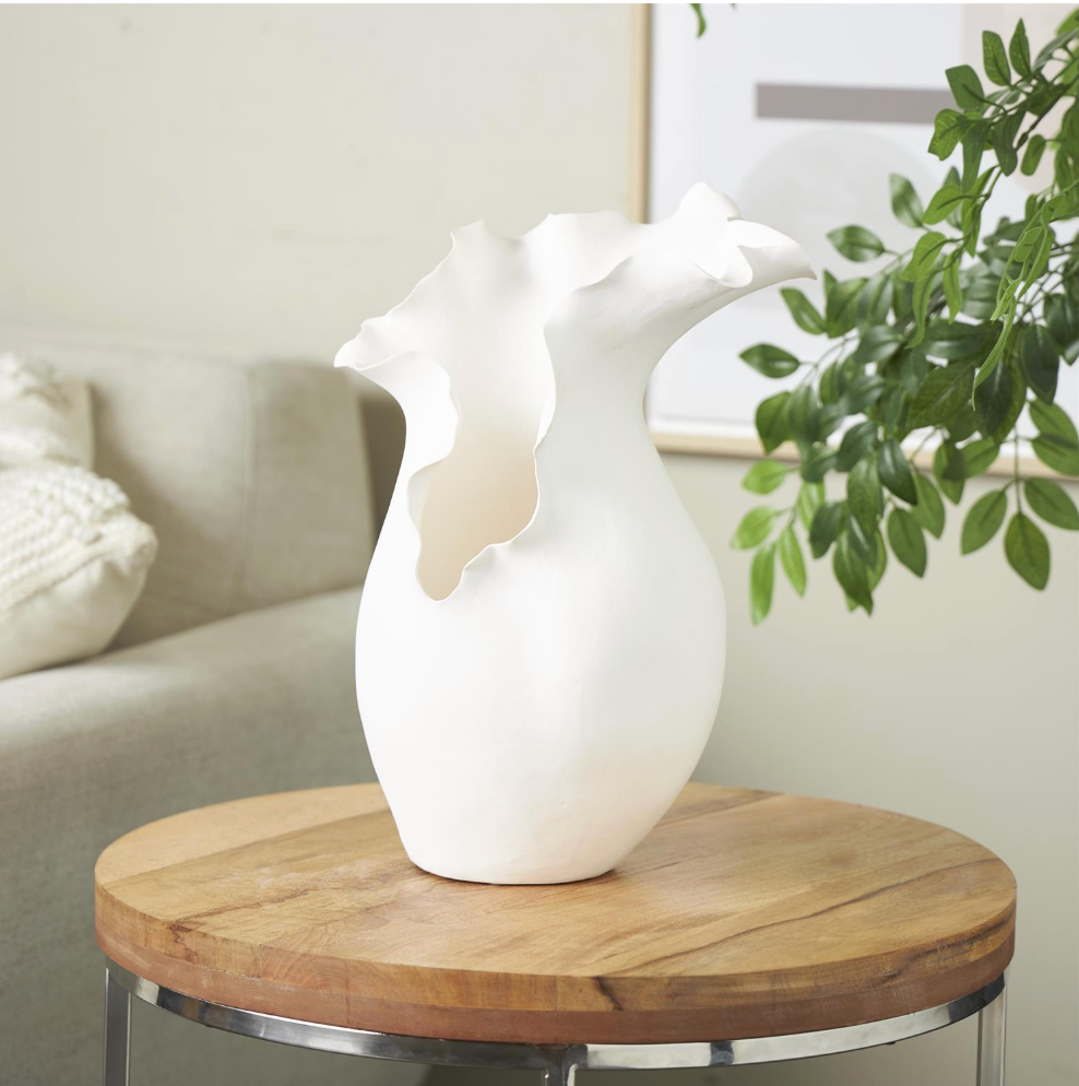 White Abstract Floral Vase w/ Wavy Rim
