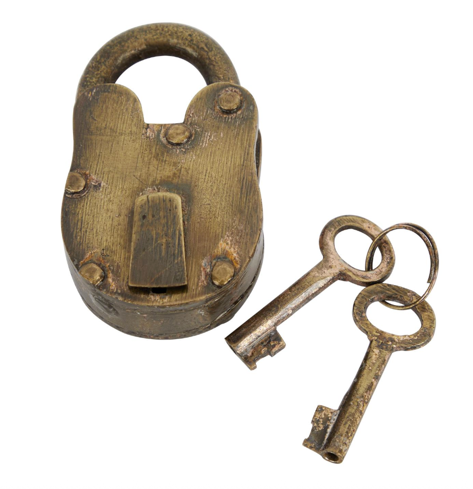 Bronze padlock with two keys on a white background