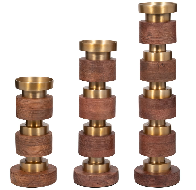 Hollis Wood & Gold Candleholders, Set of 3