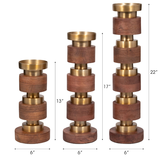 Hollis Wood & Gold Candleholders, Set of 3