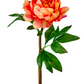 Artificial orange and pink peony flower with green leaves on a white background