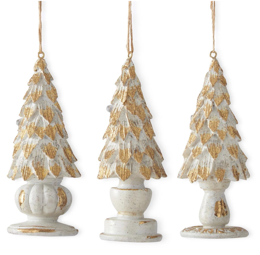 4.5" Whitewashed & Gold Resin Tree Ornaments (Various Styles)