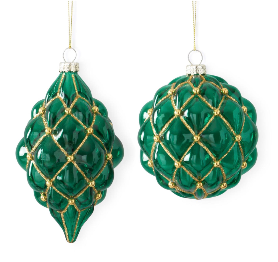 Green & Gold Pattern Glass Ornaments (Various Styles)