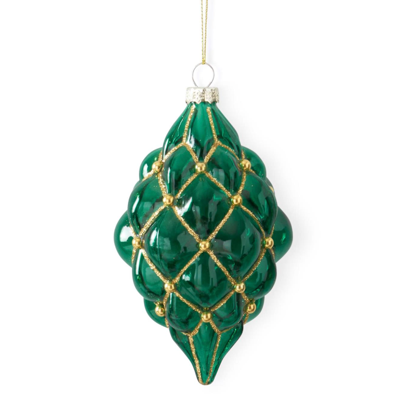 Green & Gold Pattern Glass Ornaments (Various Styles)