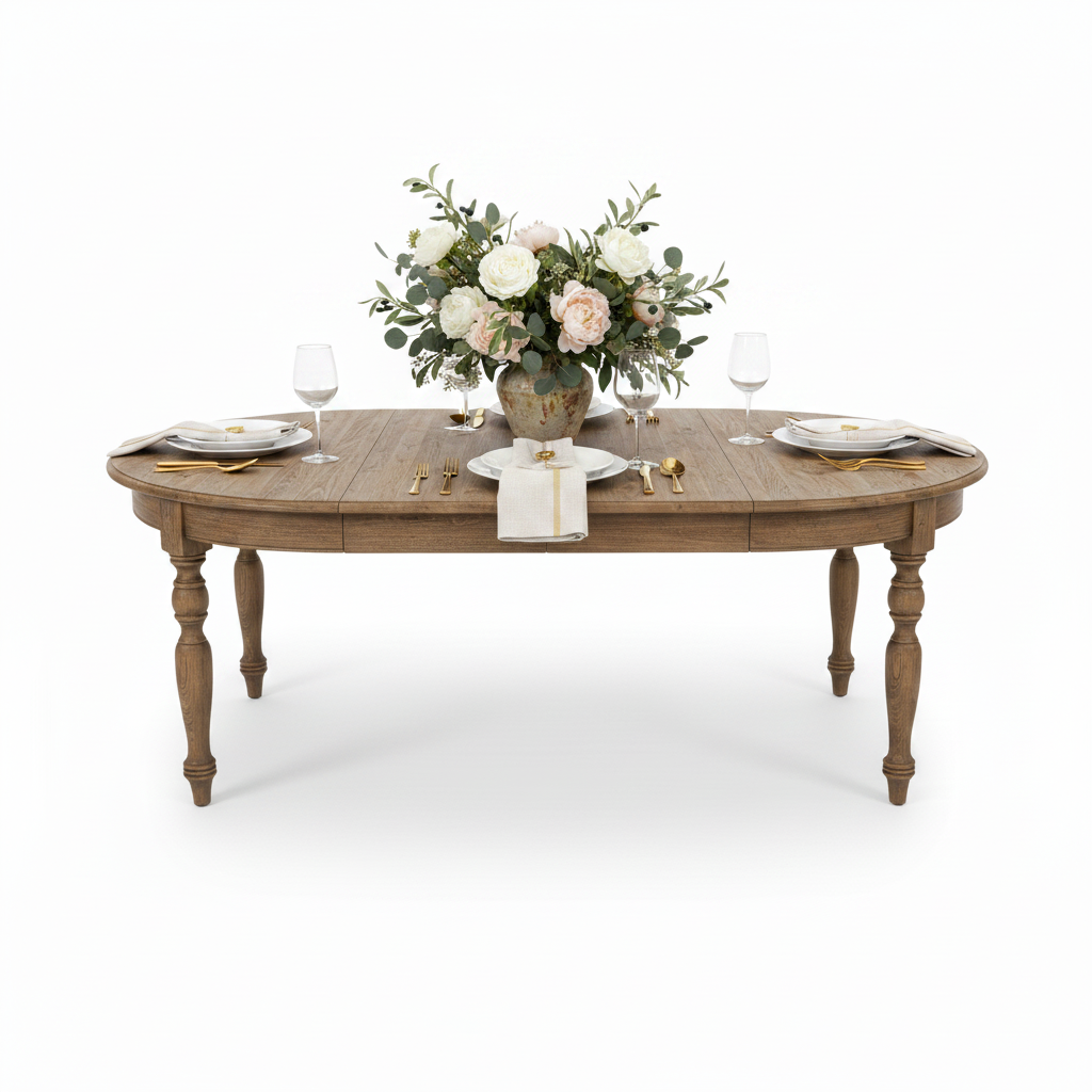 Wooden dining table with extended leaves in a studio setting