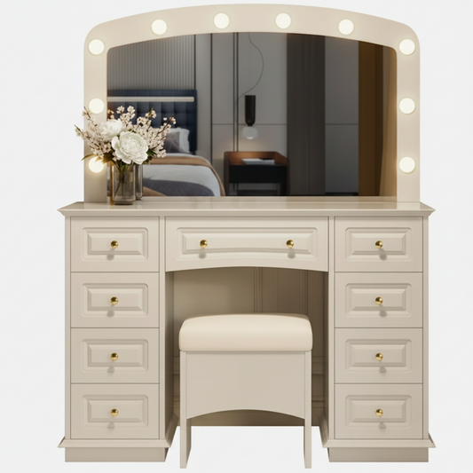 9-Drawer Makeup Vanity w/ 10 Hollywood Bulbs and Stool