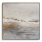 Abstract painting with earthy tones in a gold frame on a white background