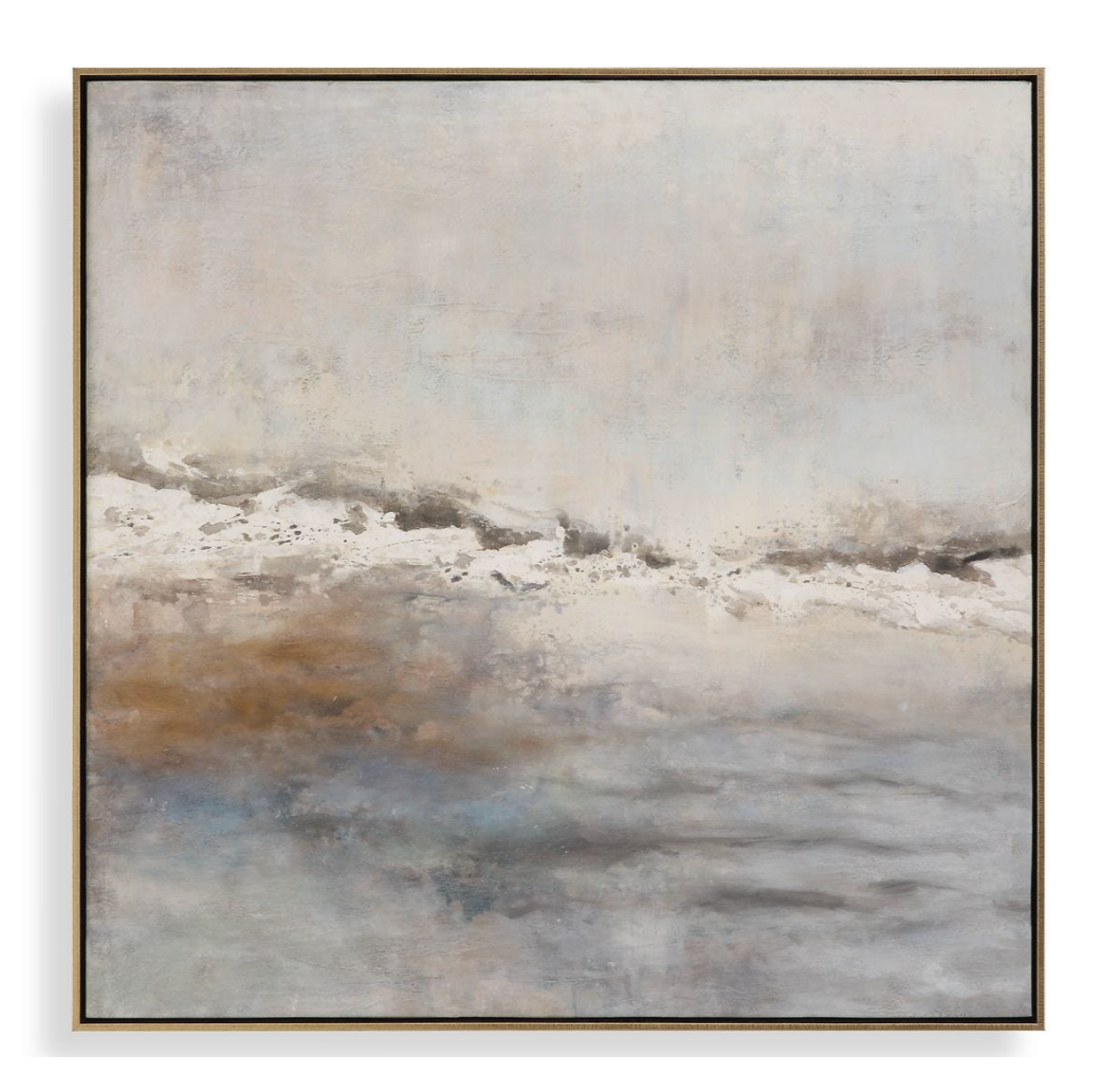 Abstract painting with earthy tones in a gold frame on a white background
