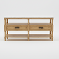 Marble top console with natural elm wood base.
