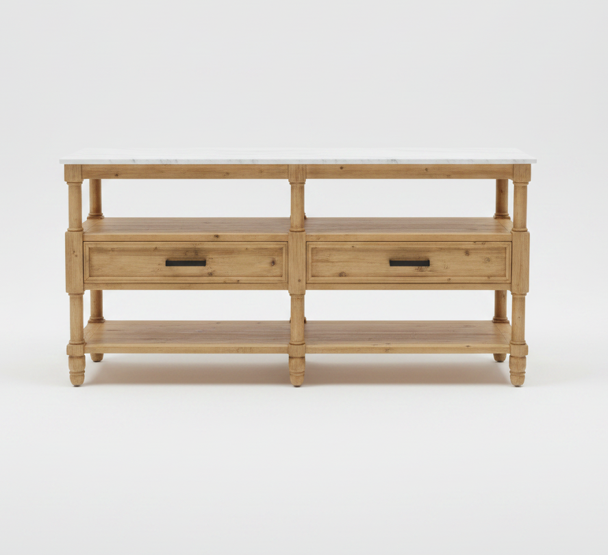 Marble top console with natural elm wood base.