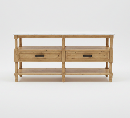 Marble top console with natural elm wood base.