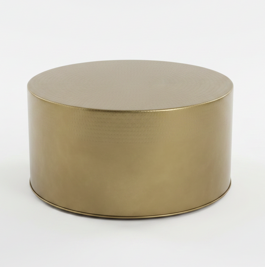Gold metal round coffee table on a white background