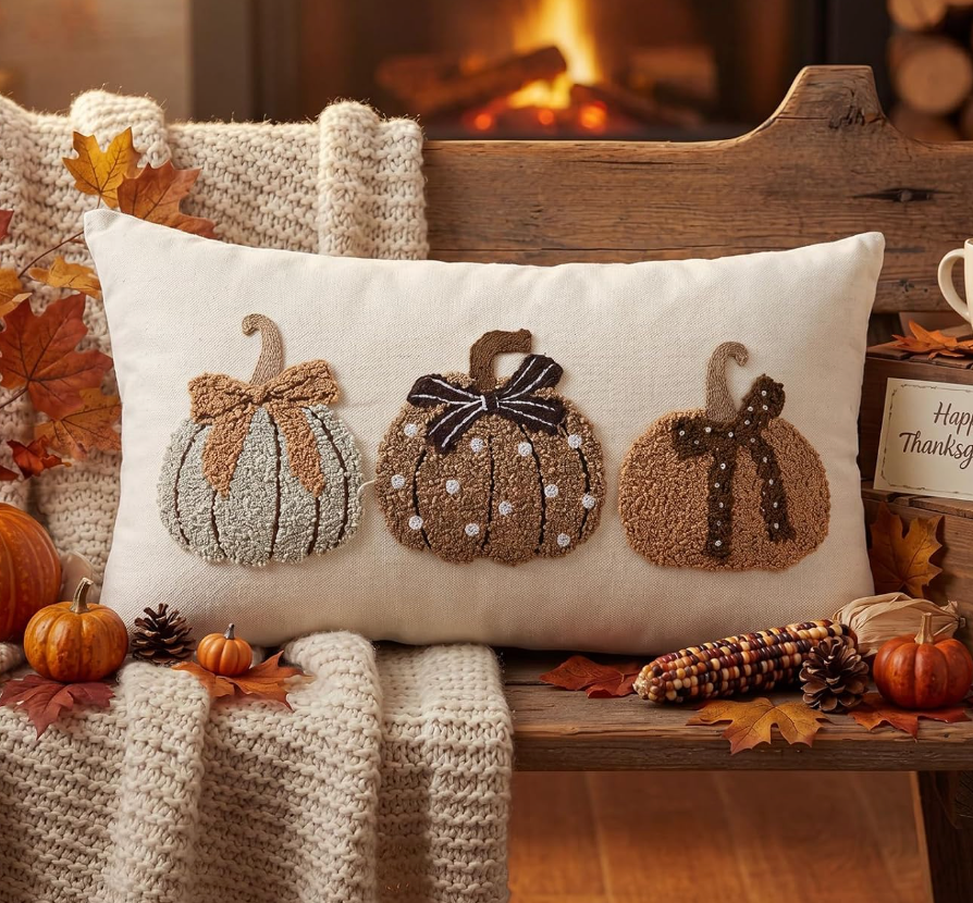 Hand Embroidered Boho Pumpkin Pillow