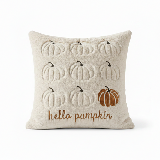 Fuzzy Hello Pumpkin Pillow, Beige w/ Brown