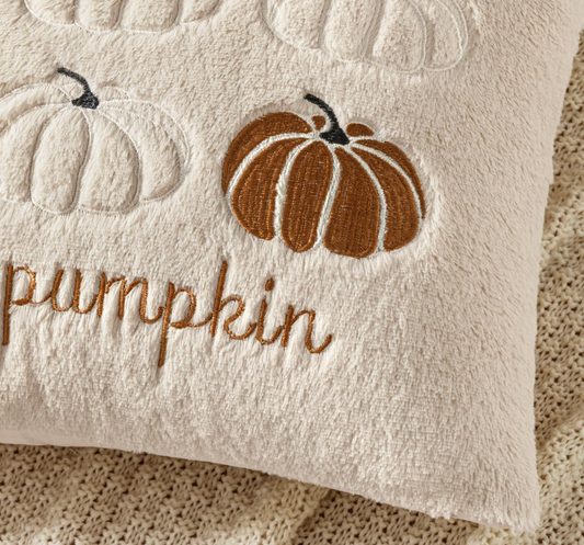 Fuzzy Hello Pumpkin Pillow, Beige w/ Brown
