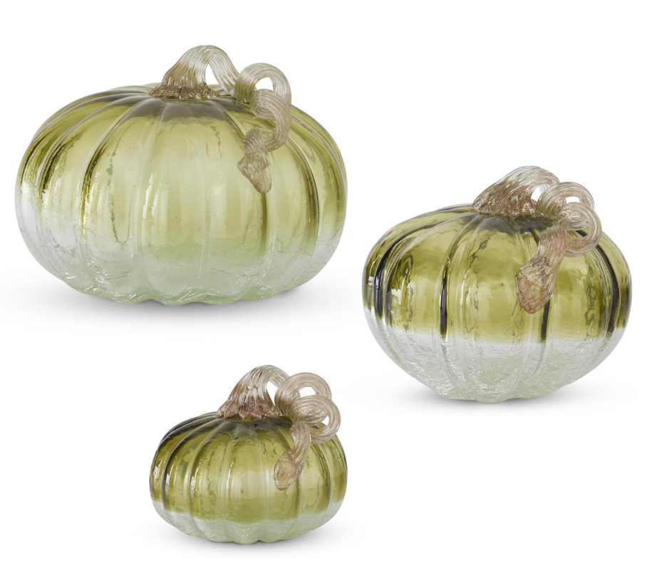 Green and Clear Crackled Handblown Glass Pumpkin (Various Sizes)