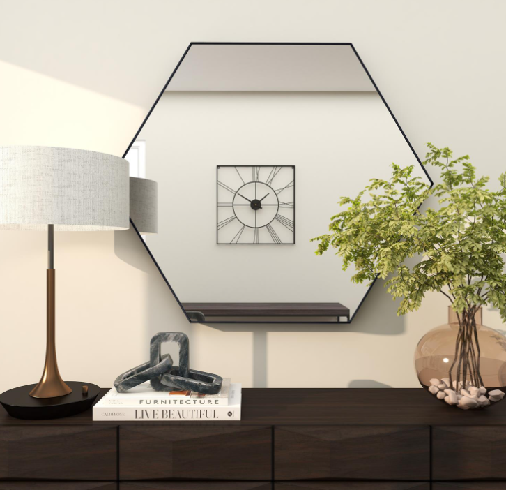 Black Thin Wooden Hexagon Mirror