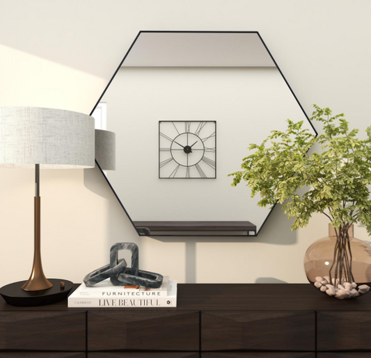 Black Thin Wooden Hexagon Mirror