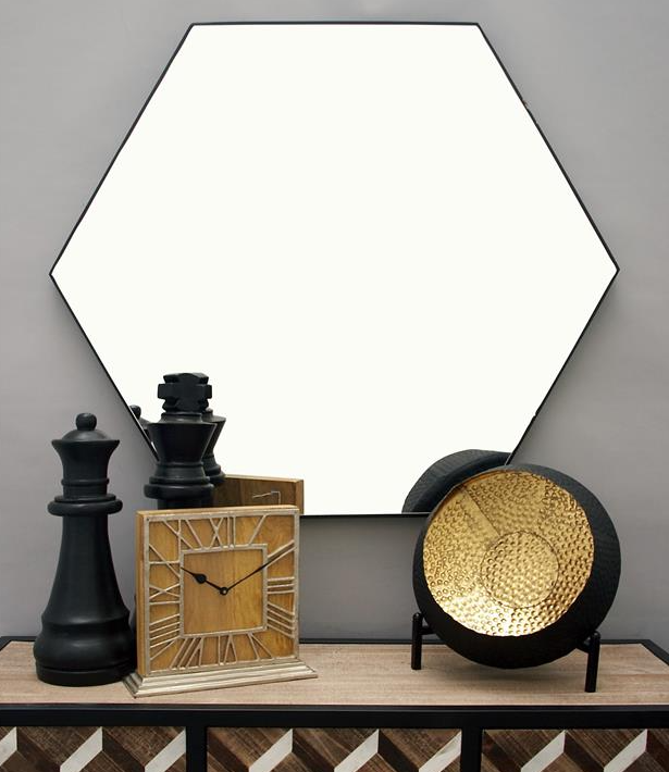 Black Thin Wooden Hexagon Mirror