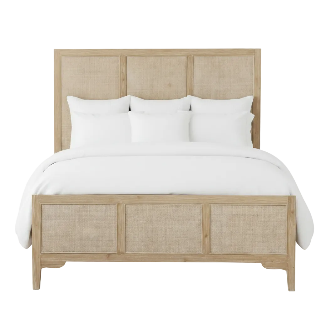Wooden bed with wicker accents and white bedding on a white background