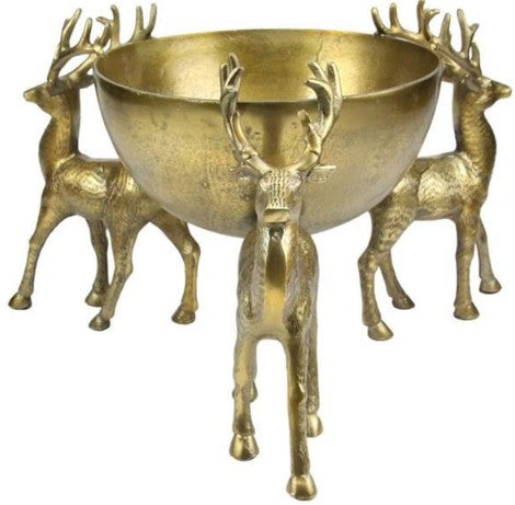 Bowl with 3 Deer Pedestal, Antique Gold