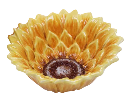 Decorative ceramic bowl shaped like a sunflower on a white background