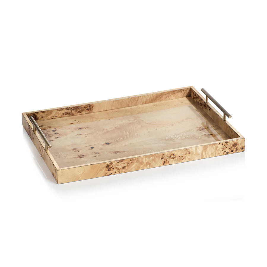 Leiden Burl Wood Rectangular Tray w/ Gold Handles