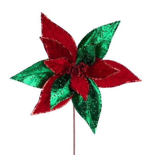 12" Velvet/Metallic Poinsettia, Red/Emerald