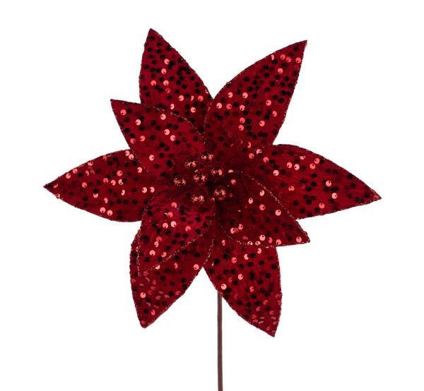 11.75" Sequin Poinsettia Stem, Red