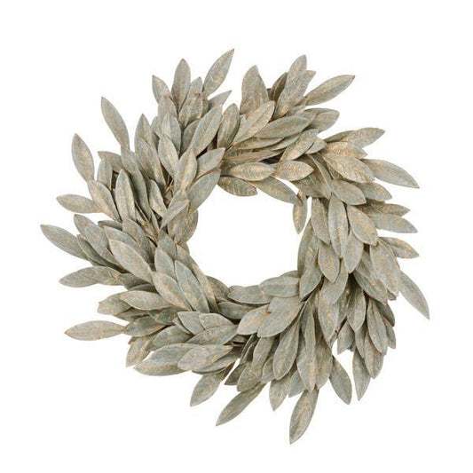 24" Brushed Bay Leaf Wreath, Sage Green/Gold