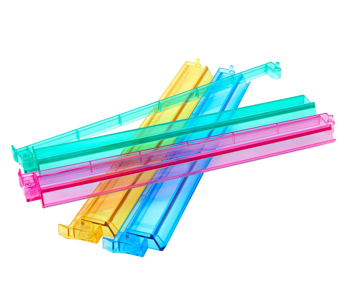 Colorful Mahjong pushers and rack set on a white background
