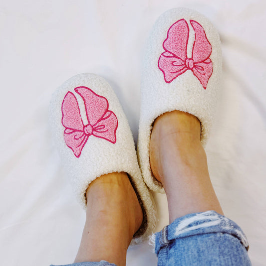 Pink Lounge Bow Cozy Slippers: S/M