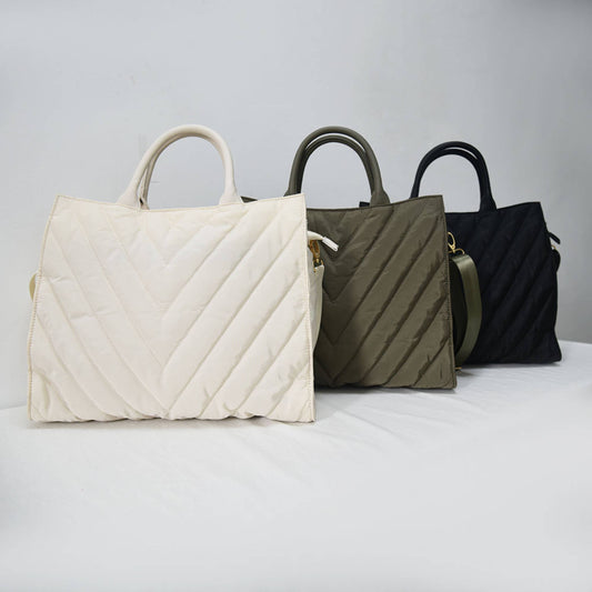 The Carmen | Chevron Stripe Large Puffer Tote: Olive