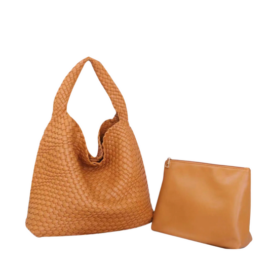 The Willow | Large Woven Vegan Leather Tote with Pouch Bag: Camel