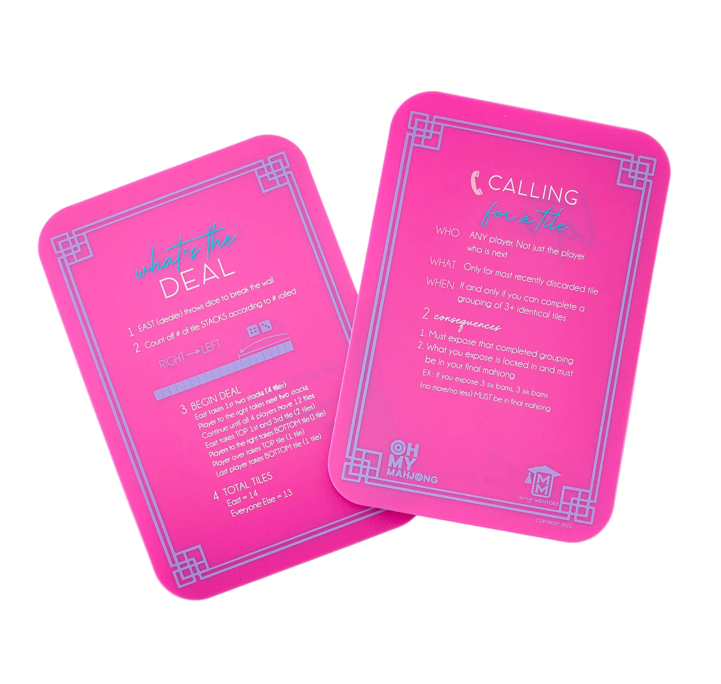Two pink mahjong shuffle cards with text on a white background