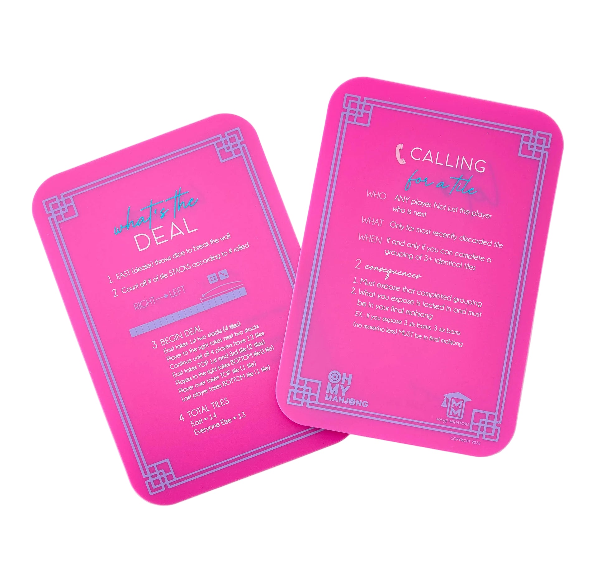 Two pink mahjong shuffle cards with text on a white background