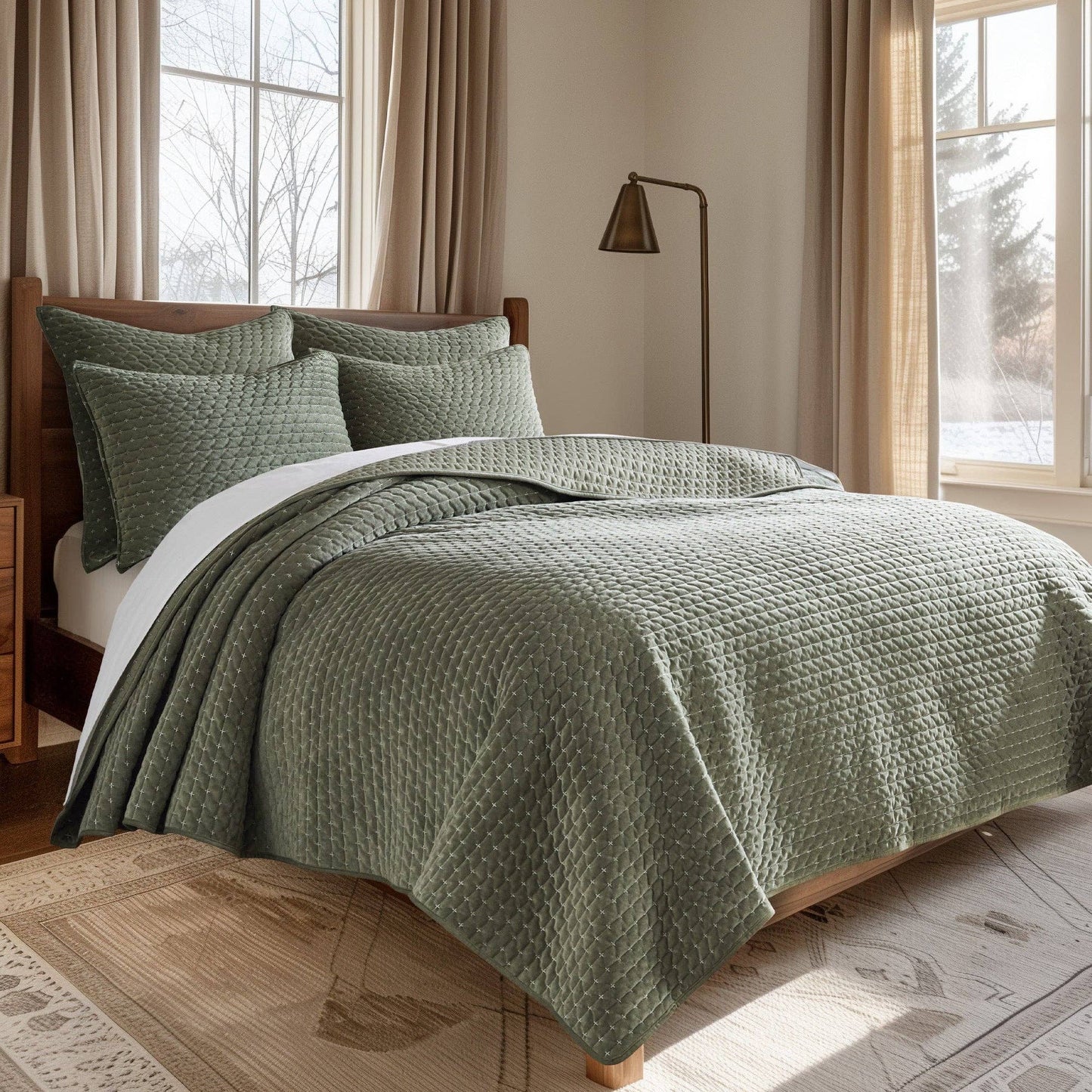 Taupe King Velvet Stitch Quilt Set