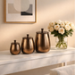 Decorative bronze canisters on a white surface with a vase of white flowers and abstract art in the background.