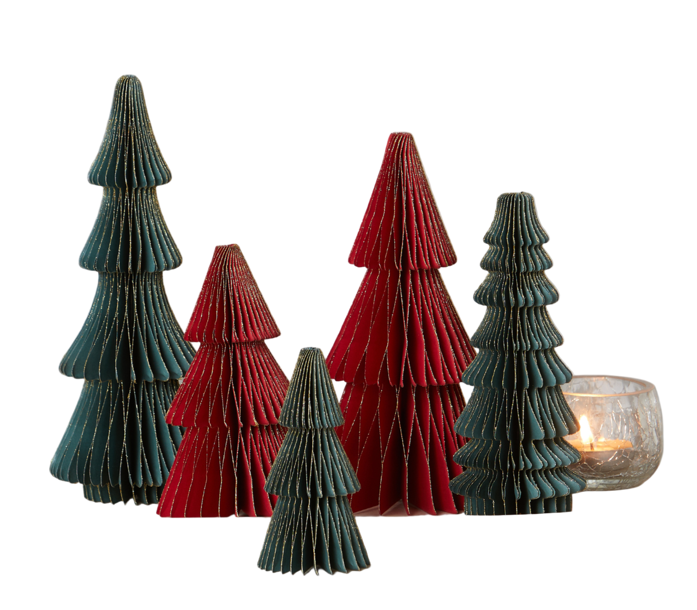 Red & Green Vintage Folding Paper Trees, Set of 5