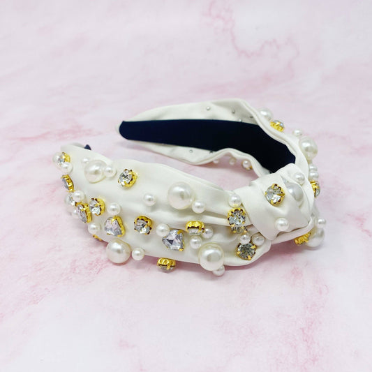 Jeweled Satin Headband, Graceful White