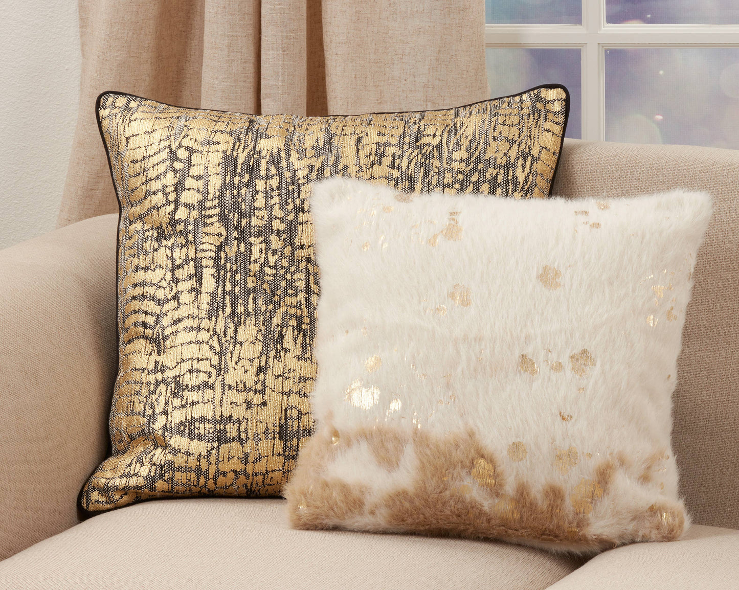 18" Foil Print Faux Cow Hide Pillow, Ivory