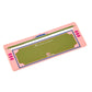 Rectangular pink and green item with text on a white background