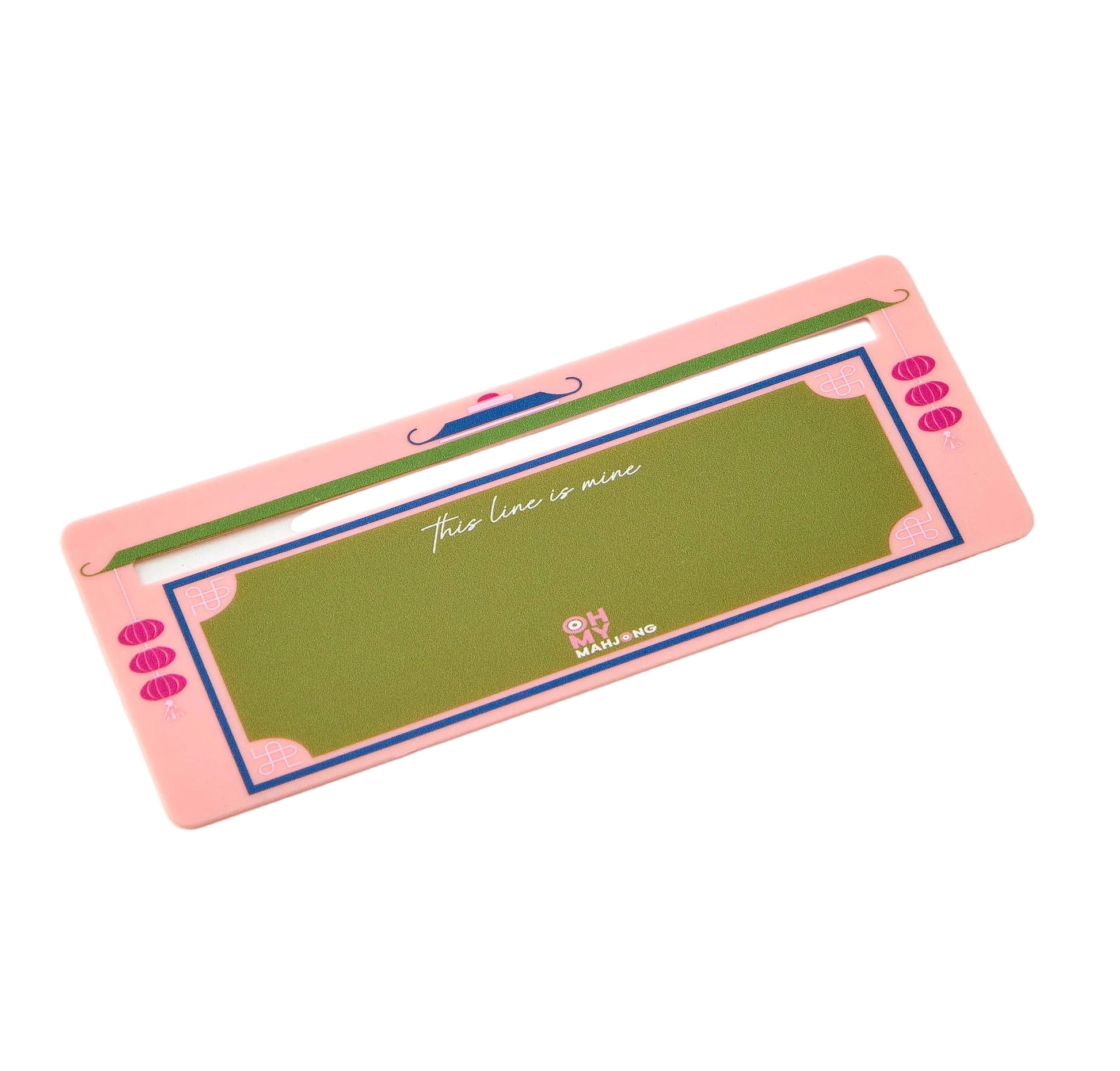 Rectangular pink and green item with text on a white background