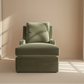 Olive green velvet performance chaise on a white background