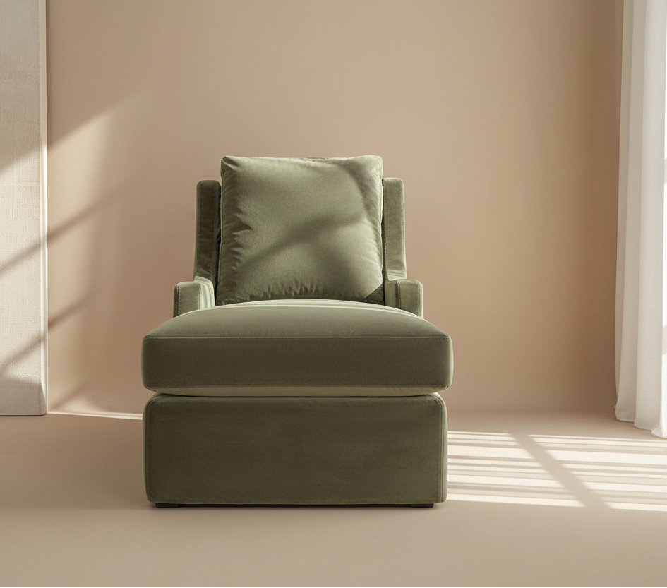 Olive green velvet performance chaise on a white background
