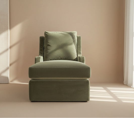 Olive green velvet performance chaise on a white background