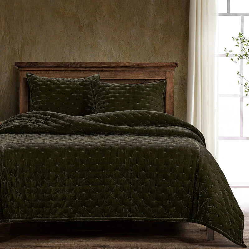 Stella Silk Velvet Double Box Stitch Quilt, King, Fern Green