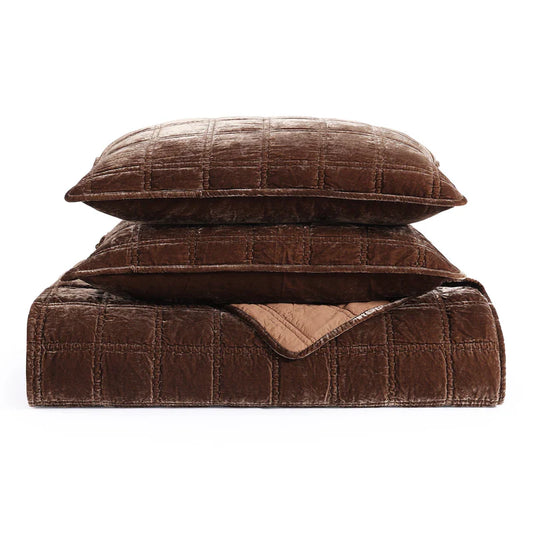 Stella Silk Velvet Double Box Stitch Quilt, King, Copper Brown, 3PC