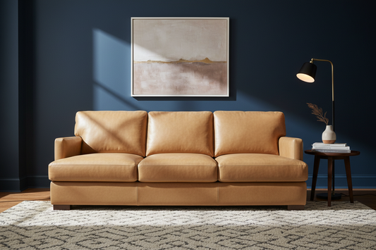 Brown leather sofa in a living room with a dark blue wall, abstract painting, and side table.