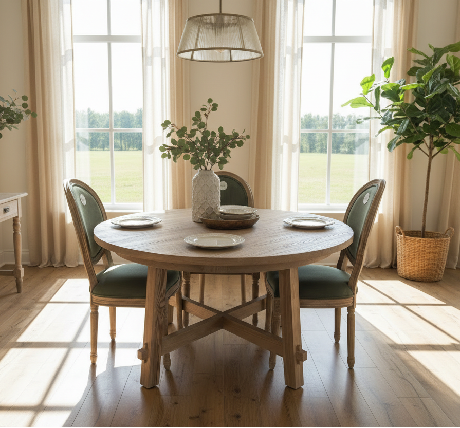 Dining room with a wooden table and chairs, plants, and large windows.